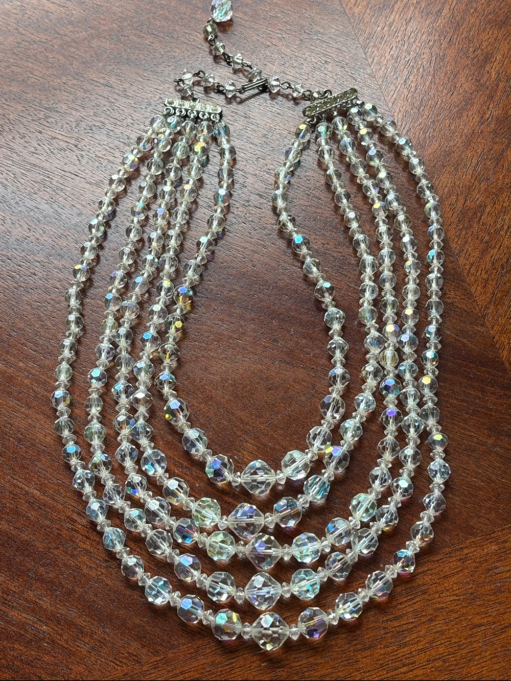 Gorgeous Vintage Crystal Aurora Borealis 5 strand Beaded Necklace !